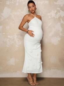MaterniChic Maternity Solid Color 3D Floral Decor Fitted Elegant Halter Neck Dress Summer Outfits Elegant Maternity Baby Shower Dress Mermaid Baby Shower Maternity Dress For Photoshoot - White - View 7