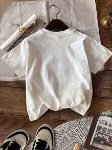 SHEIN Leap Crew 青少年女孩休閒簡約星星印花T恤，夏季 - 白色 - 查看 2