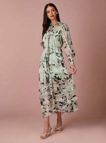 Enchnt 春夏浪漫女士绿色花卉印花荷叶边系带领多层荷叶边下摆袖口连衣裙，甜美优雅，适合度假、约会、节日、派对、毕业典礼、婚礼嘉宾、海滩和宴会，舞会礼服，女士夏季连衣裙，女士太阳裙，夏季服装，优雅的派对连衣裙 - 綠色 - 查看 5