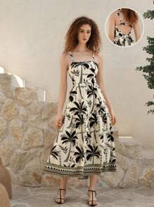 SHEIN MOD Vestido largo de vacaciones con lazo estampado en blanco y negro, espalda hueca, Vestido bohemio, de playa, de estilo occidental, casual, de fiesta, de té, vintage, para mujer en Easter, graduación, de fluido