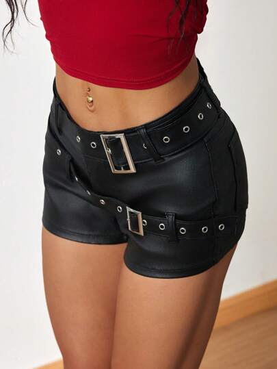 Jeanoix Plus Size Women Y2K Fashion Casual Tie-Up PU Coated Shorts