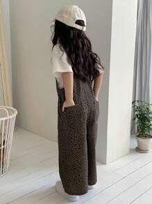 Dazy Kids (小号) 女童豹纹休闲宽松街头风牛仔背带裤和连体裤，夏季 - 咖啡棕 - 查看 2