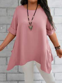 EMERY ROSE Blusas informales holgadas para mamá de talla grande, de cuello redondo, manga corta y bolsillo doble, en color azul, para verano