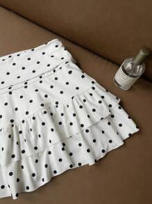 Comfortcana 女式白色圆点印花多层荷叶边针织 A 字裙 - 白色 - 查看 7