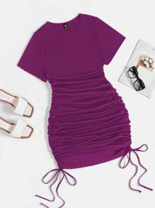 SHEIN MOOSTA Plus Size Summer Simple Solid Color Round Neck Side Drawstring Bodycon Dress - Violet Purple - View 1
