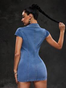 SHEIN ICON Đầm denim mini ôm vừa vặn gợi cảm cho nữ, mùa hè - Màu xanh lam - Xem 2