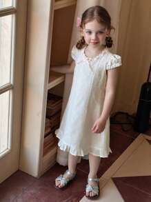DAZY Girls (Small) Round Neck Lace Textured Short Sleeve Elegant Summer Dress