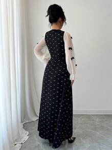 Modelyn Women's Woven Patchwork Bow Detail Long Sleeve Fitted Extra Long Dress