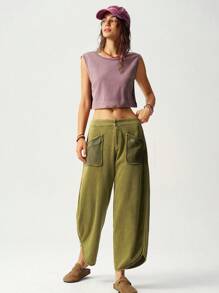 Bohemela Plus Size Casual Solid Color Knitted Loose Harem Wash Pants,Vintage