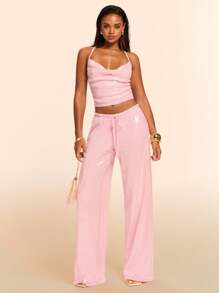 SHEIN BAE Women's Pink Sequin Extra Long Casual Pants With Drawstring Detail - Pink - View 5