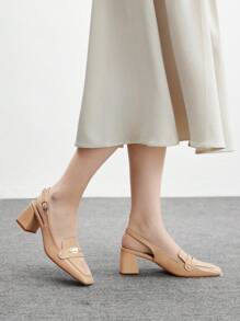 CUCCOO BIZCHIC Women's Square Toe Block Heel Slip-On Bicolor Loafer Pumps, Classic Design - Apricot - View 6