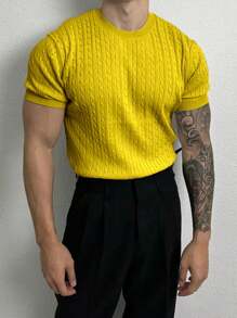 Manfinity Homme Camiseta casual de punto de manga corta y cuello redondo con patrón de cable para hombre