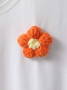 2 Pieces Girls Casual Loose Round Neck Solid Color Short Sleeve T-Shirt With Floral Decor, Summer New Versatile Classic Style,Holiday,Summer,Travel - Multicolor - View 5