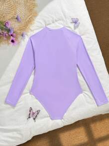 Wildeya Teen Girls Cutout Zipper Contrast Trim Long Sleeve One-Piece Swimsuit