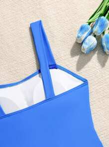 SHEIN New Fashion Solid Color Hollow-Out Sides One-Piece Swimsuit For Teens - Blue - View 6