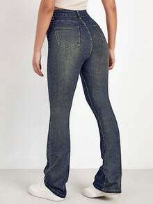 SHEIN EZwear Washed Denim Blue High Waist Bleach Wash Flare Leg Jeans - Dusty Blue - View 2