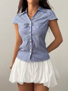 Flirla Casual Style Cinched Waist Front Open Hooded Short Sleeve Shirt