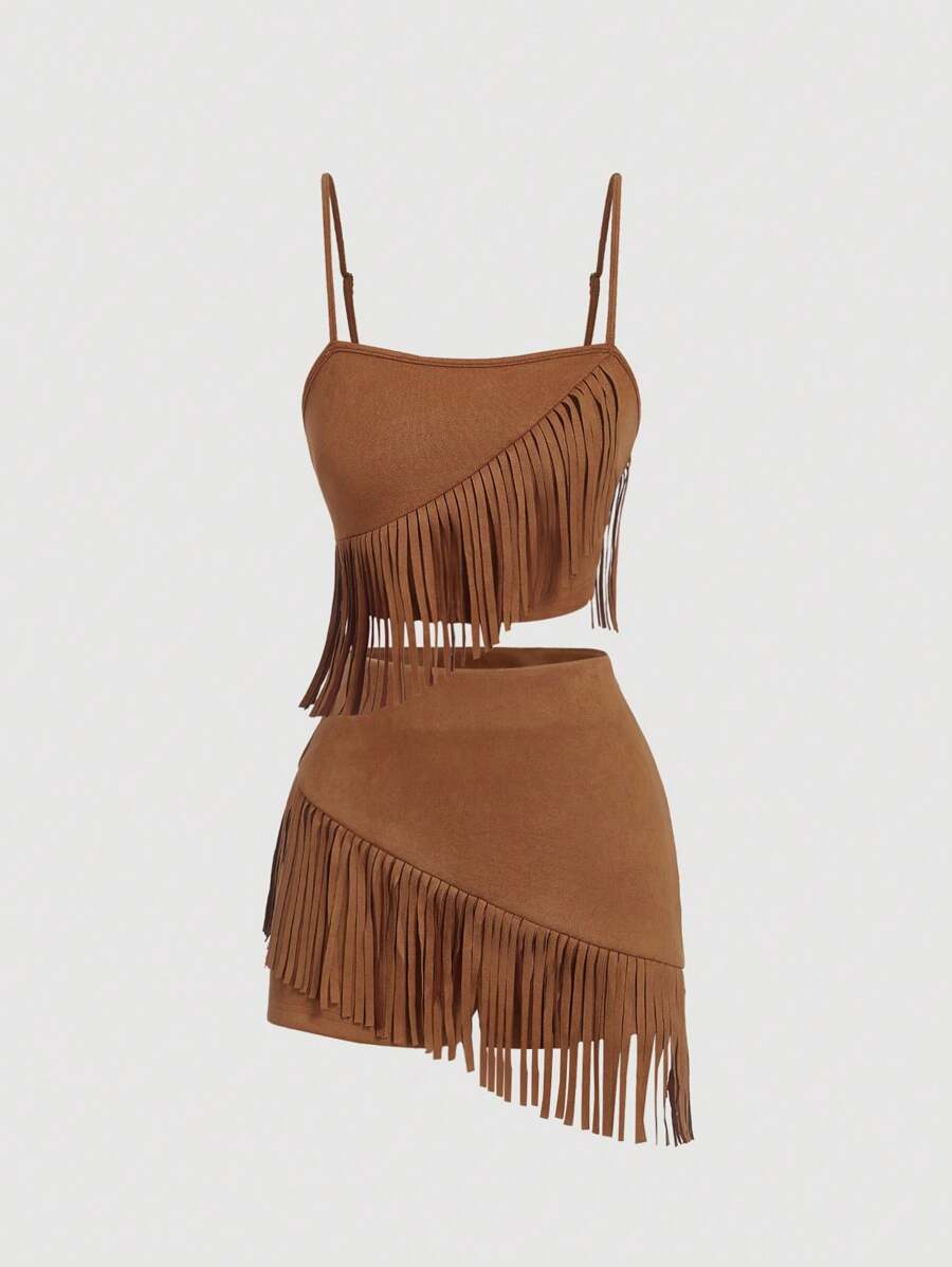 SHEIN MOD 2pcs Women Brown Suede Fringe Set, Suitable For Music Festival, Western Outfit