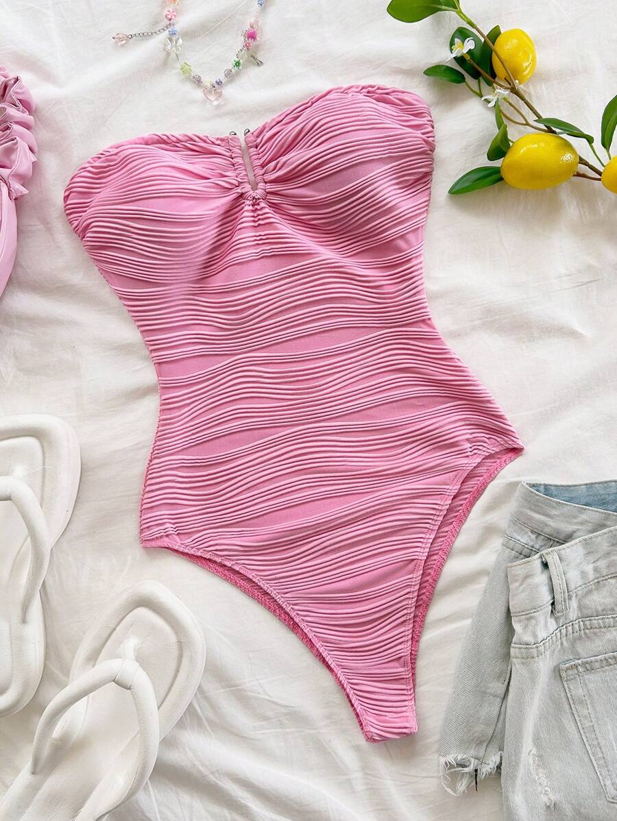 Soleia Holiday Beach White Jacquard Texture Fabric Metal Accents Bandeau Bodysuit - Pink - View 1