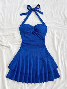 Soleia 性感露背迷你连衣裙，配有领带、褶皱下摆和双层，适合派对、约会、情人节 - 寶藍色 - 查看 7