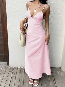 Sunnyshic Gray & White Striped V-Neck Backless Tie Strap Button Design Maxi Dress - Hot Pink - View 3