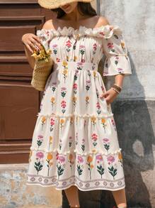 SHEIN LUNE Women Plus Size Vintage Floral Print Dress, For Brunch - Apricot - View 3