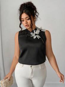 Elenzga Elegant Women's Chinese-Style Button Satin Sleeveless Stand Collar Floral Decor Plus Size Blouse, Summer - Black - View 6