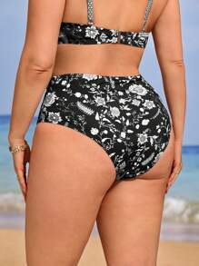 Swim Lushoire Plus Size Women Floral Print High-Waist Simple Fashion Bikini Bottoms For Summer Beach Vacation - Black and White - View 2