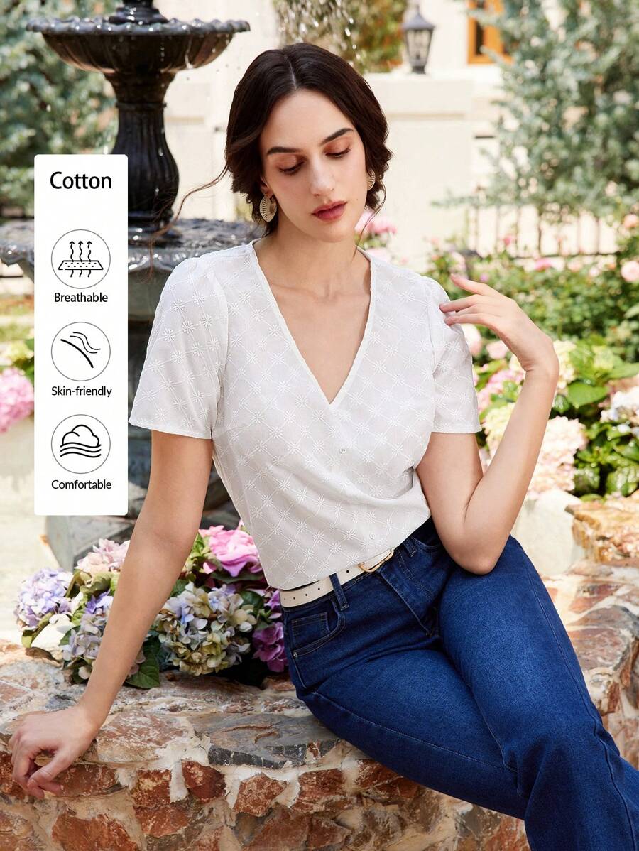 SHEIN LUNE Women's Casual White V-Neck Blouse: Breathable Cotton Woven Fabric Top With Short Sleeves And Stylish Wrap Detail - White - View 1
