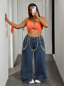 SHEIN SXY Plus Size Solid Color Loose Fit Distressed Relaxed Denim Jeans, Suitable For Daily Outings - Blue - View 3