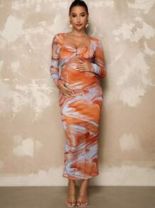 MaterniChic 孕妇扎染印花长袖短款上衣和高腰半身裙两件套夏季服装 - 彩色 - 查看 1