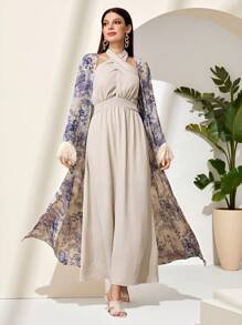 Al Najma 女士花卉印花仿皮草长袍和吊带长袍套装，阿拉伯风格服装 - 彩色 - 查看 1