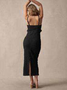 Boho Mama Maternity Summer Minimalist Textured Ruffle Trim Cami Dress - Black - View 2