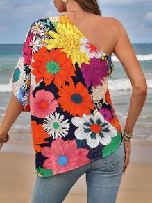 SHEIN Clasi 女士新款时尚优雅斜肩不对称宽松花卉印花假日衬衫乡村装女士海滩度假装女士衬衫波西米亚风女装罩衫外出上衣女士衬衫女士度假装女士衬衫日常穿着波西米亚风/波西米亚风、假日、度假风格夏季海滩婚礼宾客女士休闲夏季外出衬衫