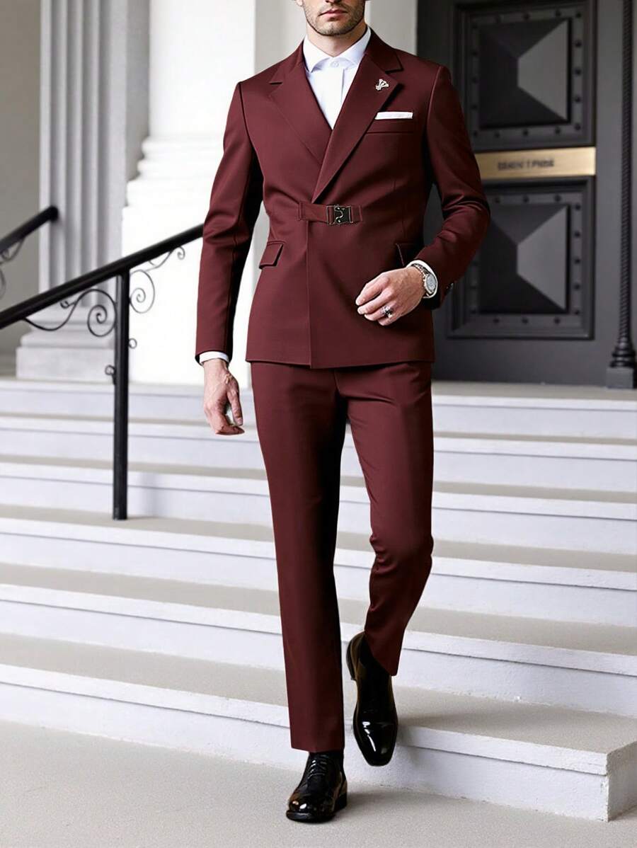Manfinity Bizformal Men's Premium Slim-Fit Formal 2 Pieces Suit Set Men Fashion Suits Wedding Suit For Men Prom Suit Male Wedding Suits For Men - Burgundy - View 1
