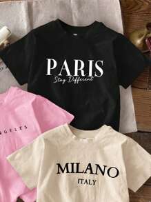 SHEIN 3 件装 Tween 女童休闲卡通字母印花 T 恤，适合夏季 - 彩色 - 查看 3