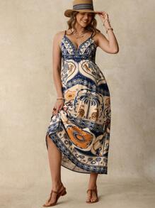 SHEIN Pregnant Women's Resort Style Palm Tree Print Casual Slip Dress  Boho   Ruffle  Maternity Dress - Multicolor - View 1