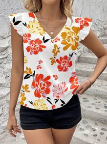 SHEIN Clasi Women's Orange Countryside Resort Print V-Neck Cap Sleeve Fitted Shirt, Suitable For Summer Summer Outfits For Women Vacation Outfits Woman Cute Summer Tops  Classy Outfits For Women Summer Outfits For Women  Ruffle - Multicolor - View 3