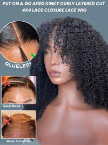 Peluca rizada tipo Jerry sin pegamento con cierre de encaje 4x4 de cabello humano, peluca de cabello humano con encaje cortado previamente para mujeres para usar y llevar, peluca rizada tipo Jerry natural negra sin pegamento, pre-pelada con una densidad del 180%