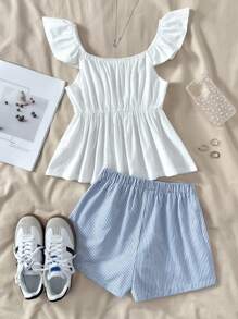 SHEIN Teen Girls All-Match Casual Versatile Solid Jacquard Loose Fit Cap Sleeve Blouse & Striped A-Line Mini Skirt, Spring & Summer