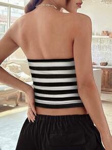 INAWLY Women's Contrast Color Striped And Printed Simple Daily Top