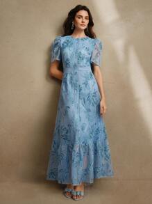 Anewsta Đầm cổ tròn tay ngắn thêu ren hoa thanh lịch cho nữ - Màu xanh lam - Xem 3