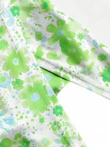 cha5rlie Girlcore 休闲花卉印花短款紧身露肩女式上衣，适合夏季、假日、度假、外出、节日 - 綠色 - 查看 3