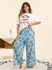 Paul Frank X SHEIN 大码女式经典宽松舒适卡通印花白色上衣和蓝色裤子睡衣套装