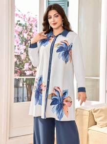 Lacomfia Floral Patchwork Plus Size 2 Pieces Set Women Work Outfits - Blue - View 5