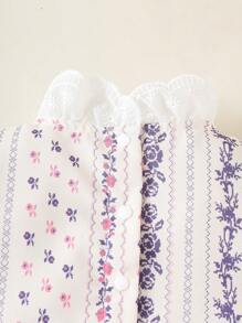 Body floral de estilo INS para niñas con estampado floral disperso elegante y dobladillo de encaje blanco para otoño - Morado - Ver 3