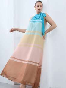 Aveloria Modichic New Loose & Comfortable Vacation Beach Design Chiffon Halter Dress With Gradient Striped Print, Plus Size Long Dress In Morandi Tones, Plus Size