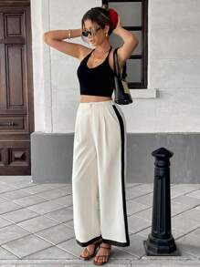 Pariaura Pantalones de pierna acampanada de cintura alta para mujer, de estilo francés a dos tonos, con tela drapeada y decoración de rayas laterales, pantalones blancos para primavera y verano
