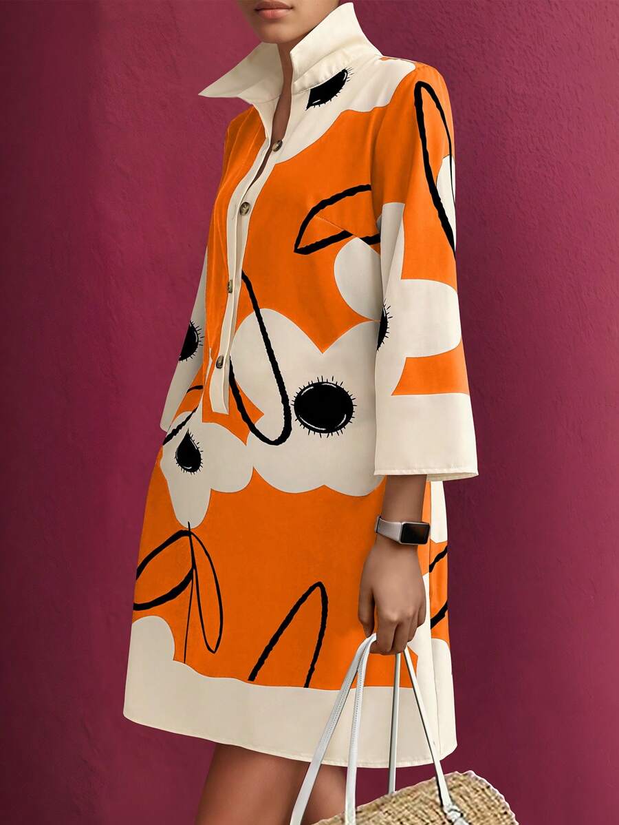 Omancia Random Floral Print Loose Fit Women V-Neck 3/4 Sleeve Midi Dress - Multicolor - View 1