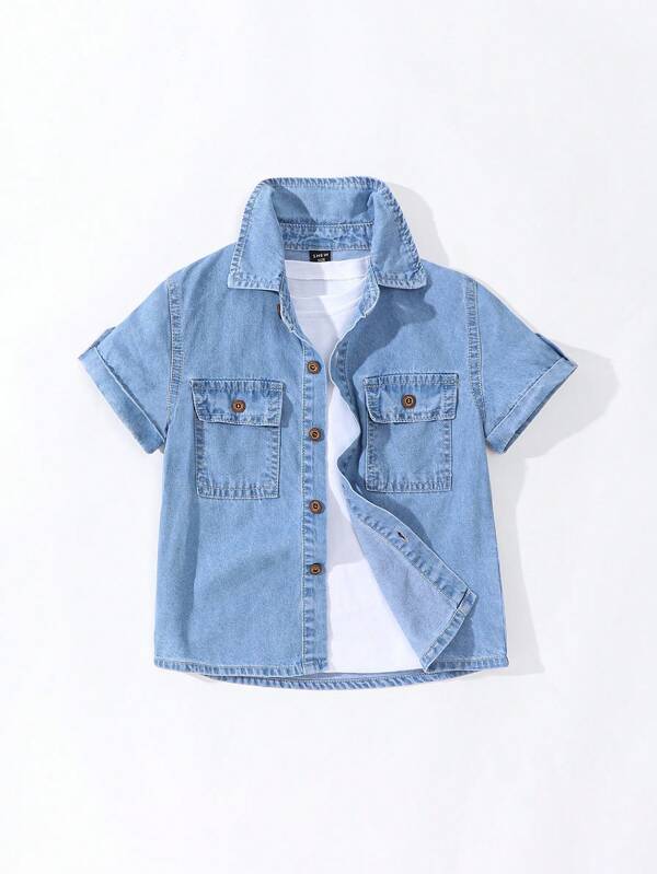 Denim Style Green Short Sleeve Shirt For Young Boys, Wild Preppy Outdoorsy Style With Flap Patch Pockets